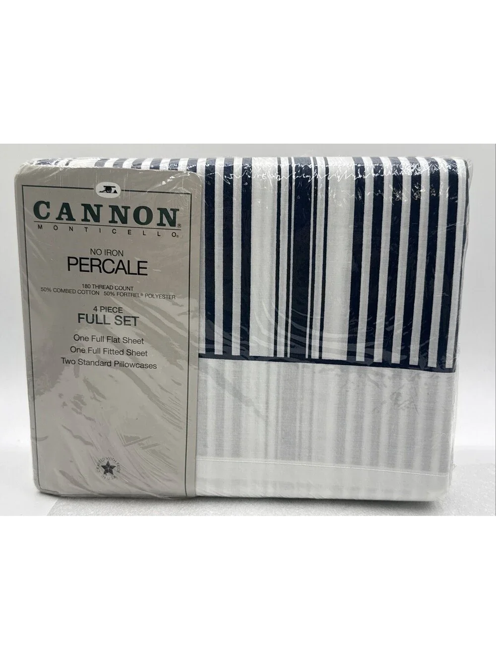 Vintage Cannon Monticello Blue White Stripes No Iron Percale 4pc Full Sheet Set